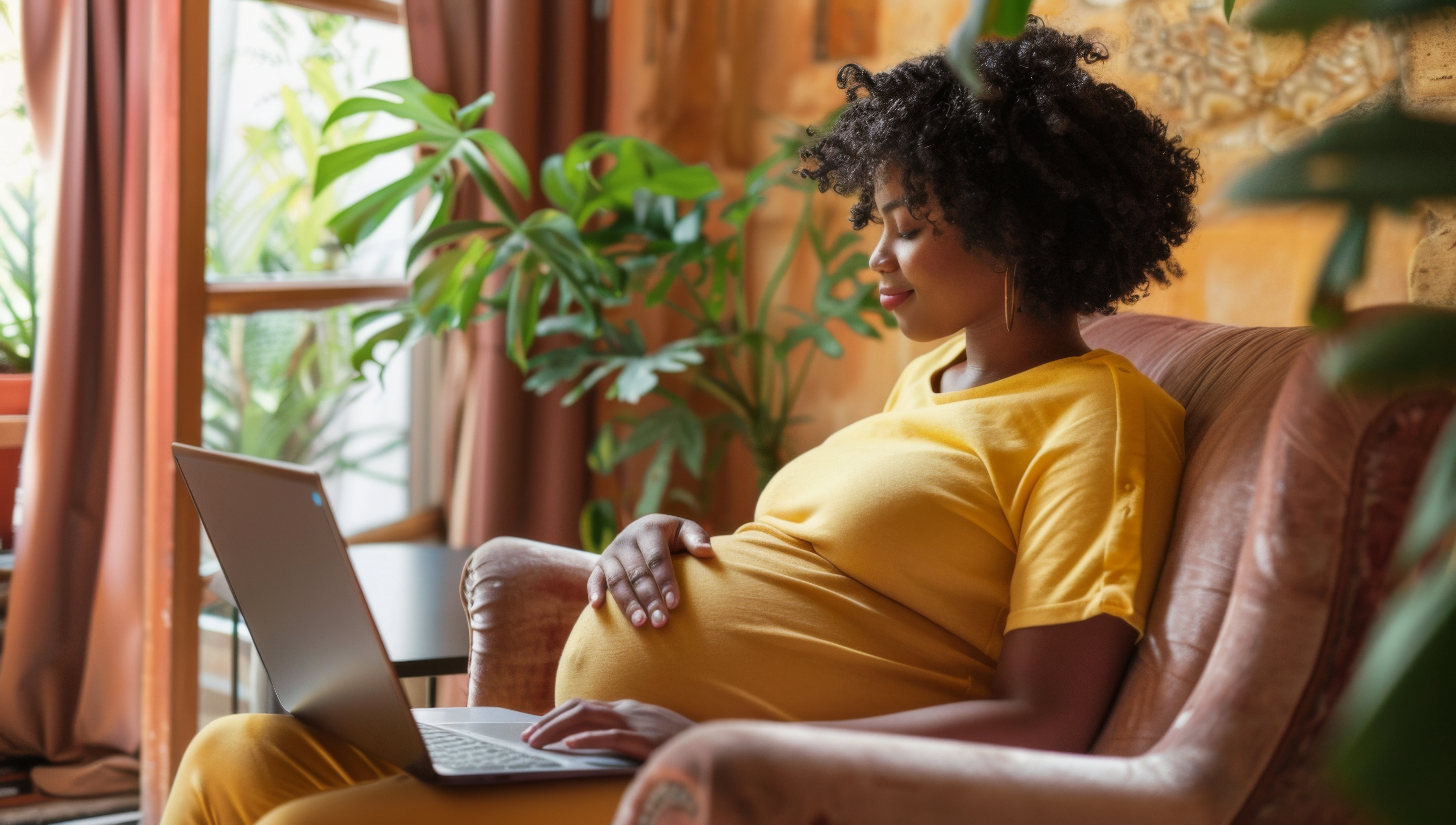 Gravid kvinna med laptop på magen